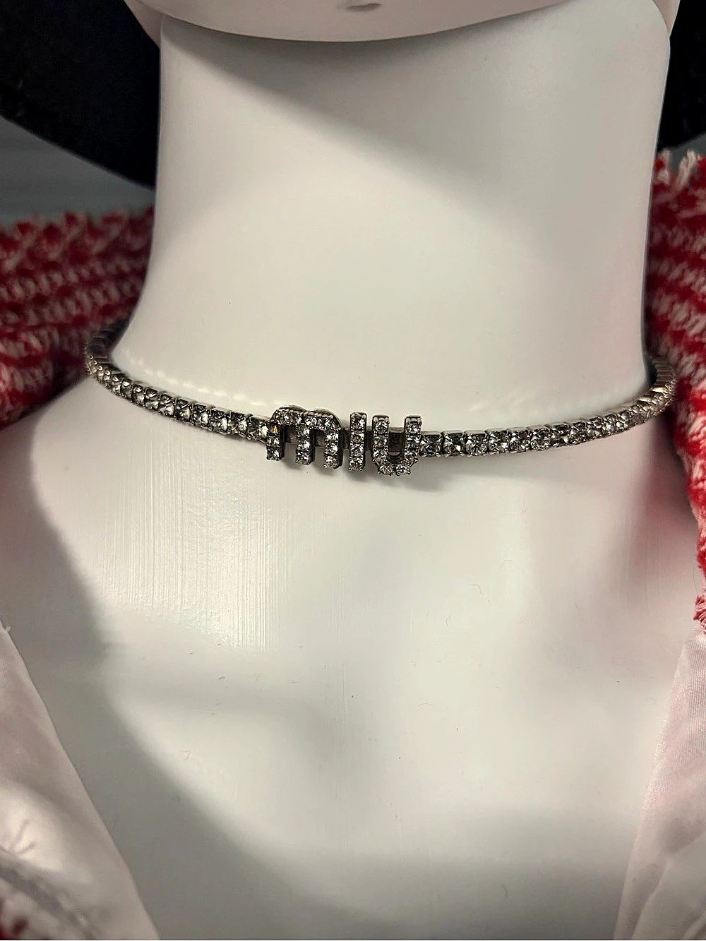 Miu Crystal-Embellished Logo Necklace Silver Rhinestone